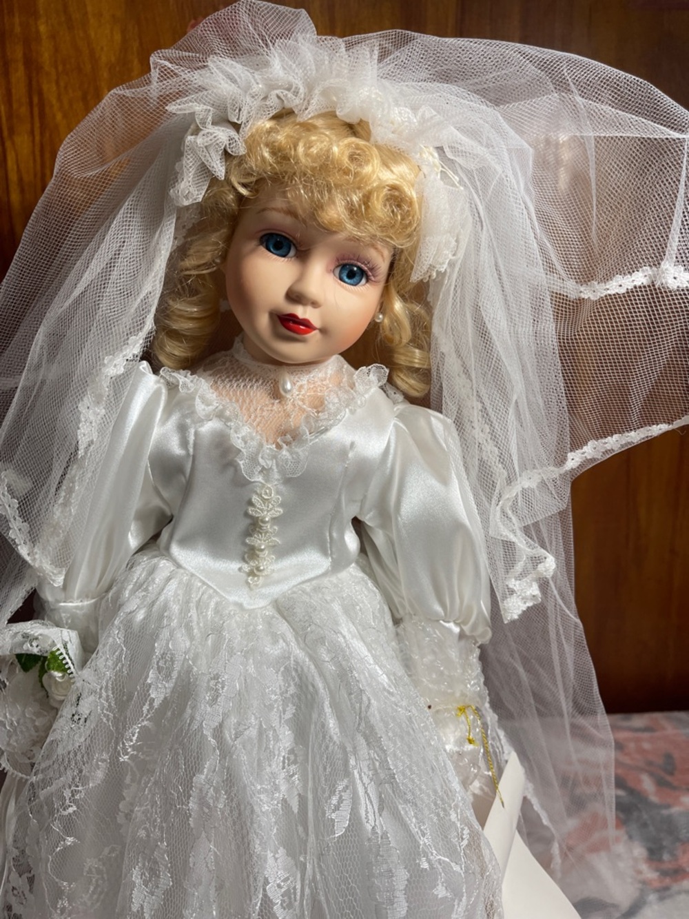 24 in Porcelain Bride Doll Collectible Blonde Blue Eyes White Lace Wedding Gown